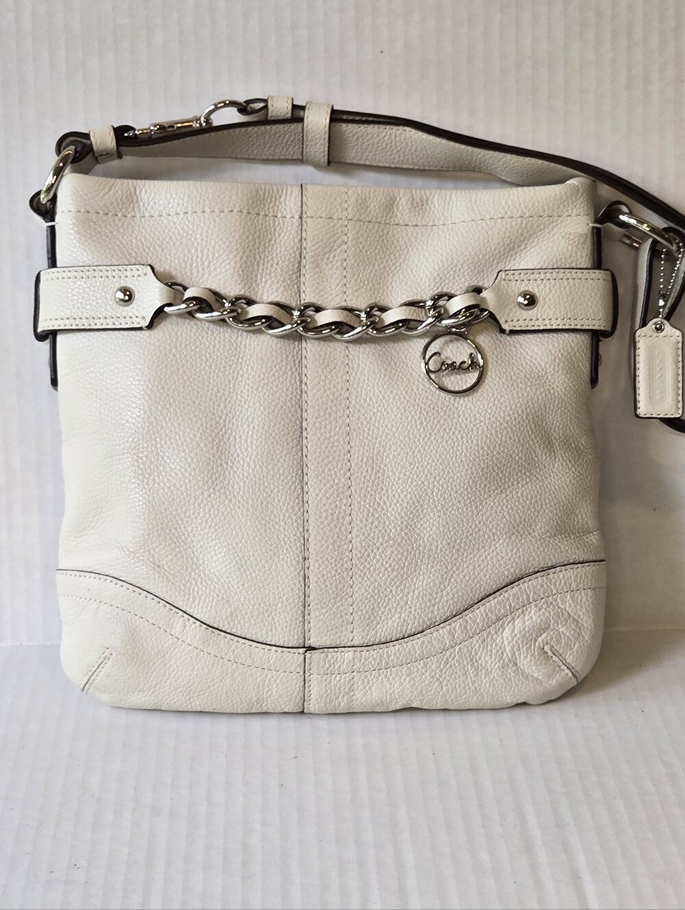 Leather Chain Accent Coach Crossbody Bag - Cream